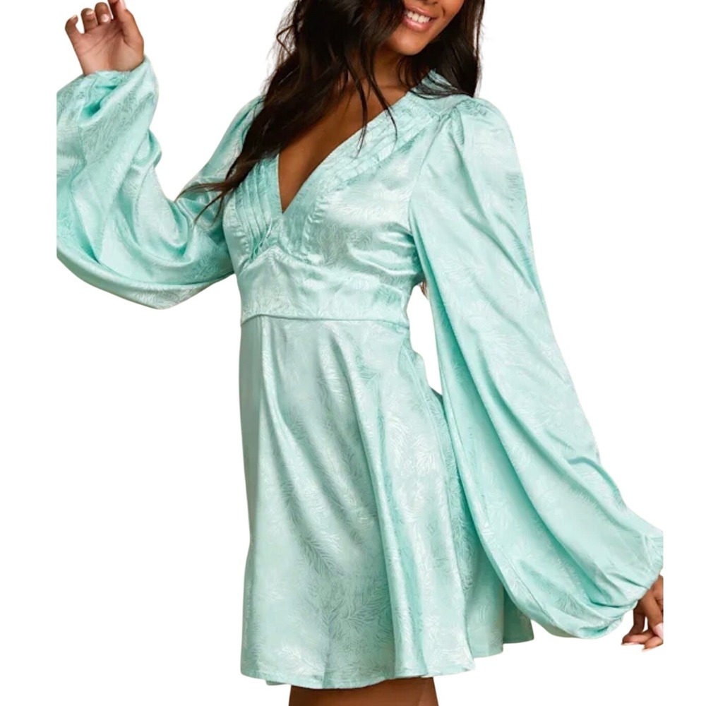 Lulus L Aqua Blue Satin Jacquard Mini Dress Balloon Sleeve V-Neck Party Whimsy